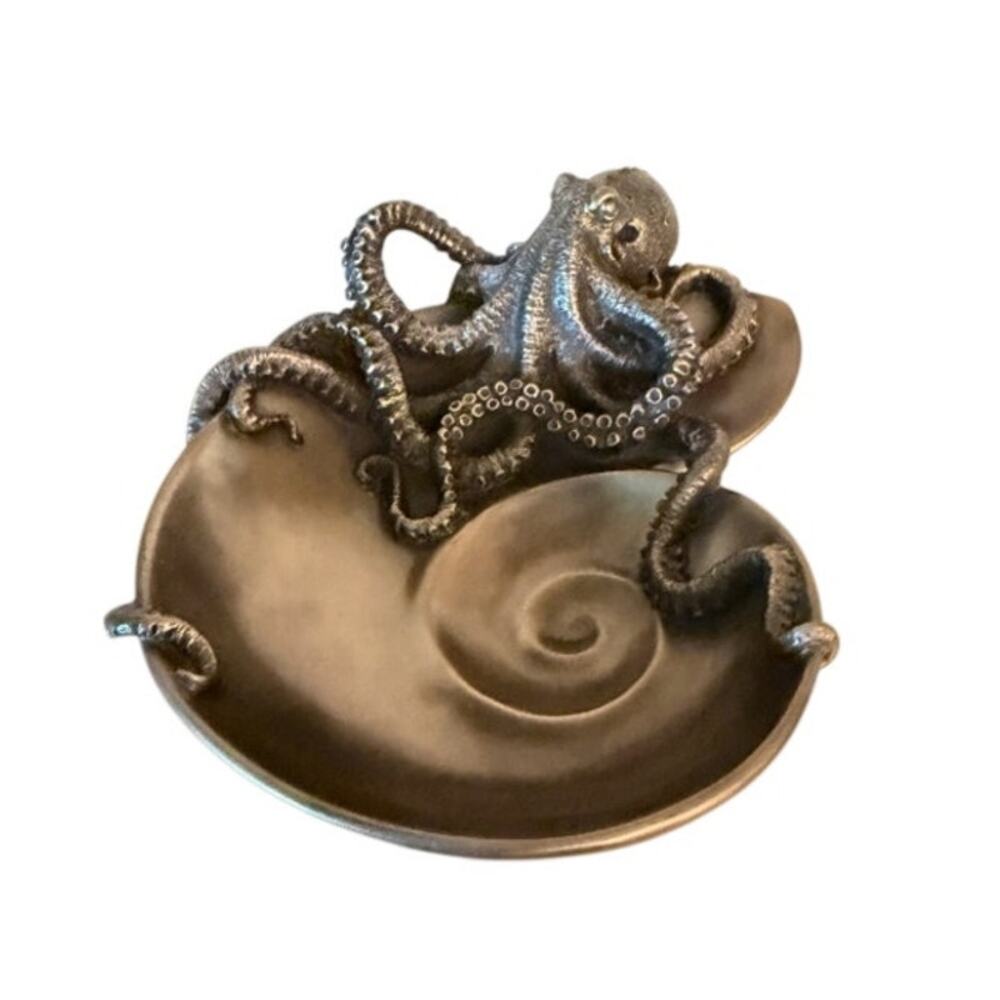 Octopus Nautilus Shell Trinket Dish Cast Metal Coastal Beach House Decor